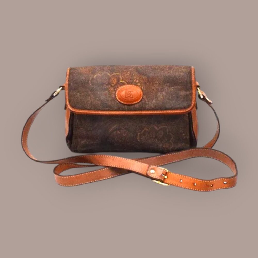 Vintage A. Del Gobbo Italy Leather & Textile Paisley Floral Crossbody Bag Purse